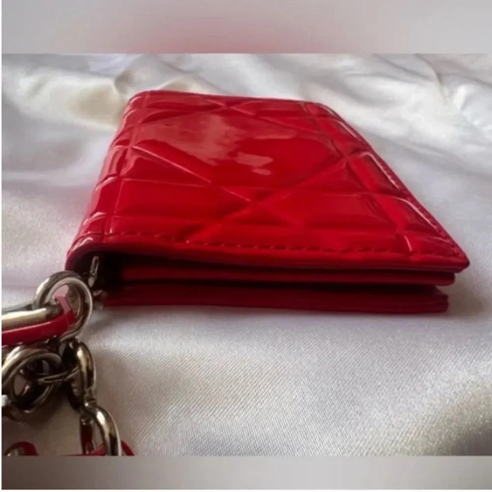 🌟2-pc Christian Dior🌟 Lady Dior Cannage Calfskin RED Card Holder &BagKey Charm